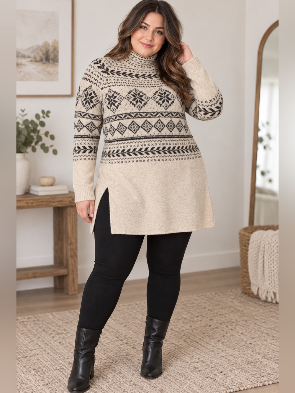 Style & Co Fair Isle Tunic Sweater Beige Metallic Turtleneck Side Slits XXL